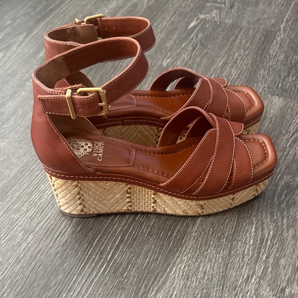 Vince Camuto Cognac Leather Platform Wedge Sandals with Ankle Strap - Picture 4 of 9